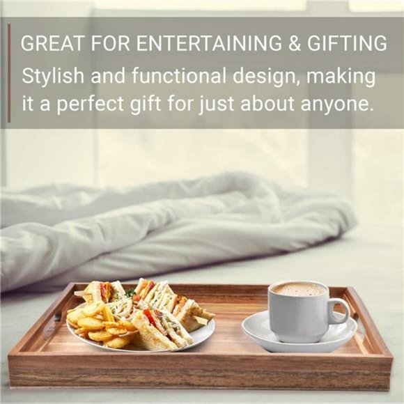 New Acacia Wood Decorative Serving Tray with Handle–for Breakfast, Lunch, Dinner - Picture 5 of 6
